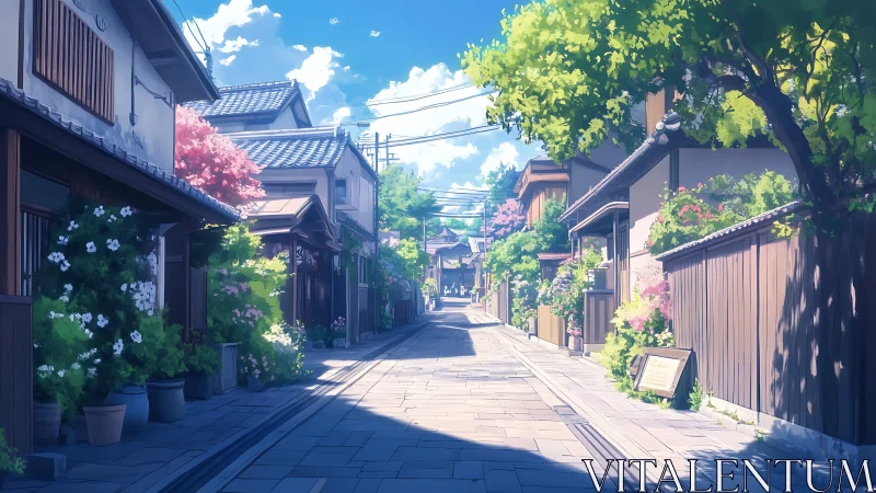 Sunlit Japanese lane with floral-loaded vernacular facades.