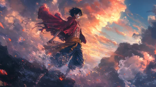 Sunlit sky wanderer striding through glowing storm clouds.