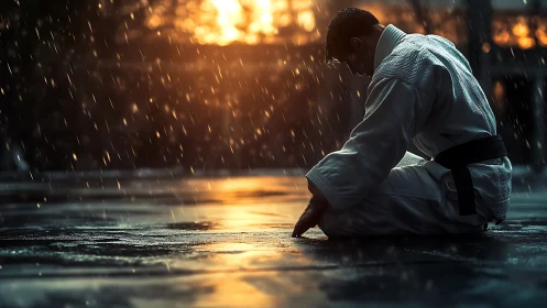 Martial artist kneels in rain, embracing quiet discipline.