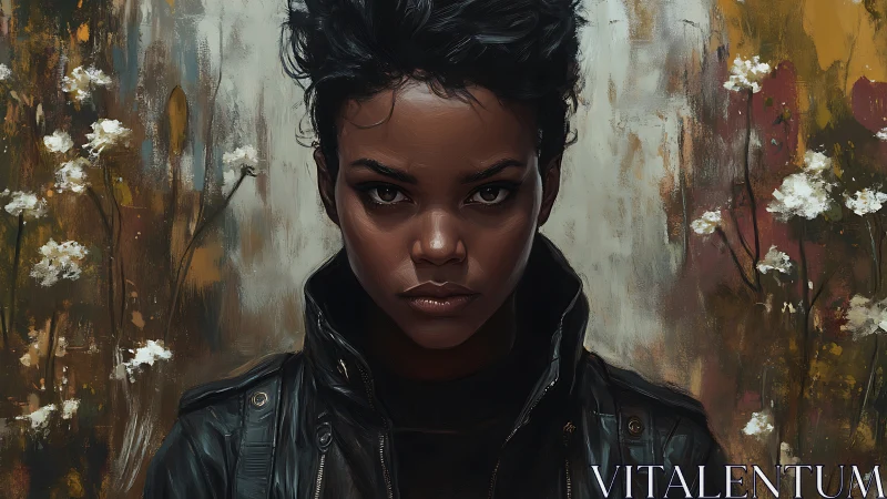 Intense portrait of woman in leather amid muted florals.