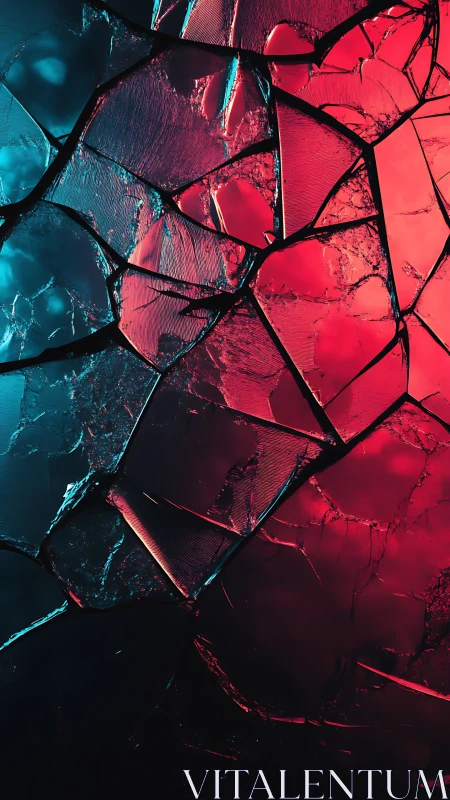 Shattered glass surface under red and cyan directional light.