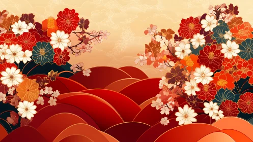 Crimson Blooms Cascade Through Undulating Landscape.