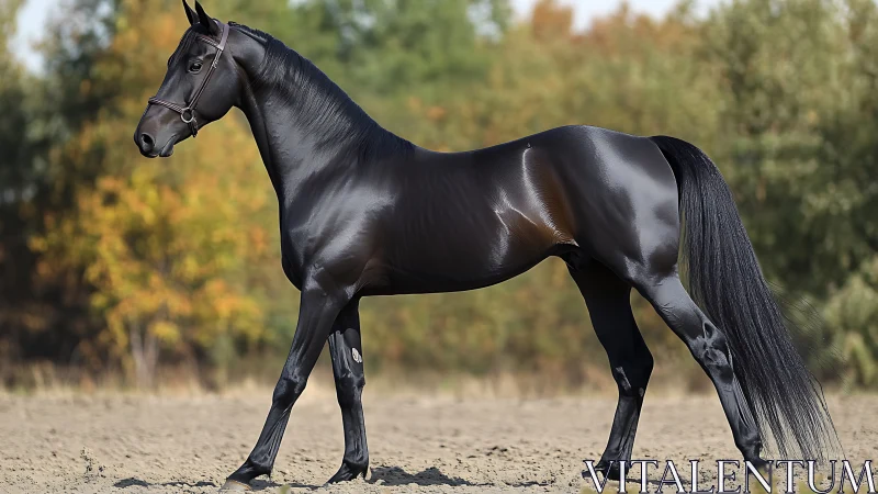 Midnight black horse walks calmly across a quiet arena