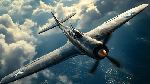 WWII-era fighter aircraft banking over clouds in flight.