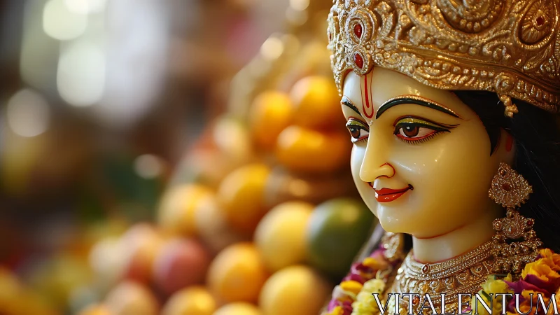 Golden Hindu deity statue rendered with shallow depth of field