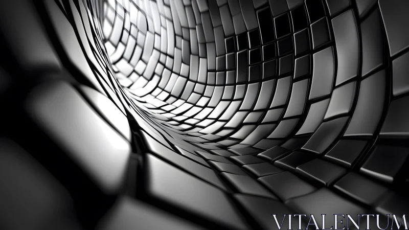 Futuristic Black Metallic Tunnel with Curved Geometric Tiles.