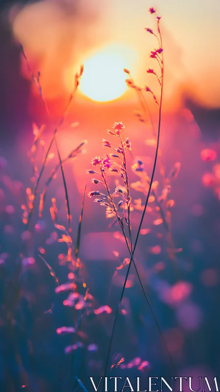 Wildflower silhouettes glow in dreamy sunset light.