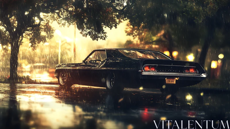 Classic muscle car under streetlit rain with reflective wet asphalt