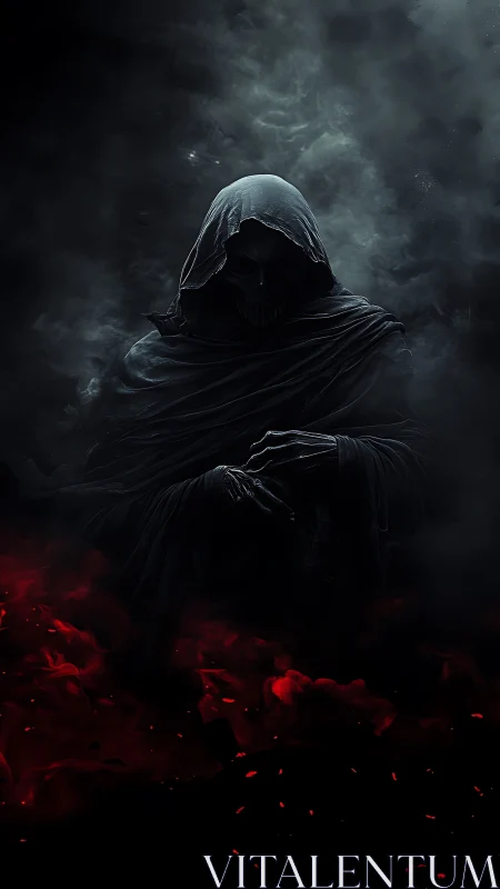 Dark hooded grim reaper figure in red and black smoke.