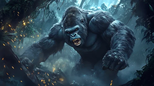 Cinematic digital gorilla charge in mist-laden jungle frame.