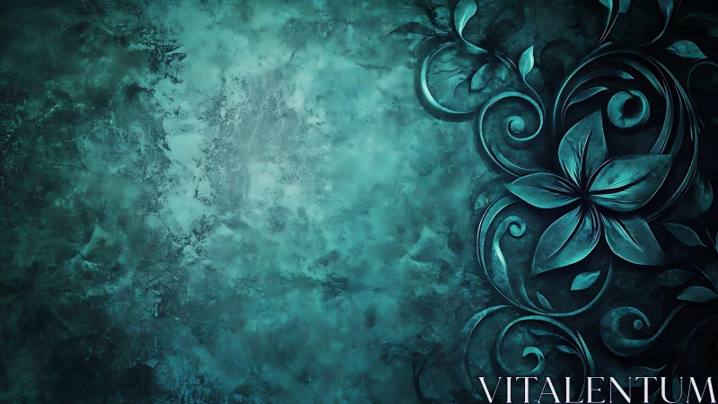 Turquoise relief florals on textured grunge background surface.