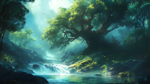 Mystical Waterfall Through Ancient Forest.