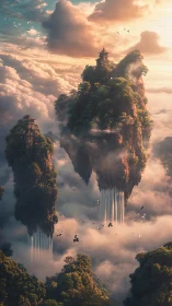 Vertical cloud isles with tiered pagodas and cascading falls