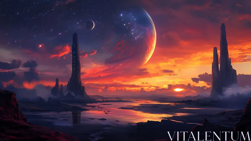 Alien coastline under giant planet and vivid sunset sky.
