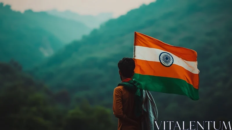 Person holding Indian flag before forested mountain hills.