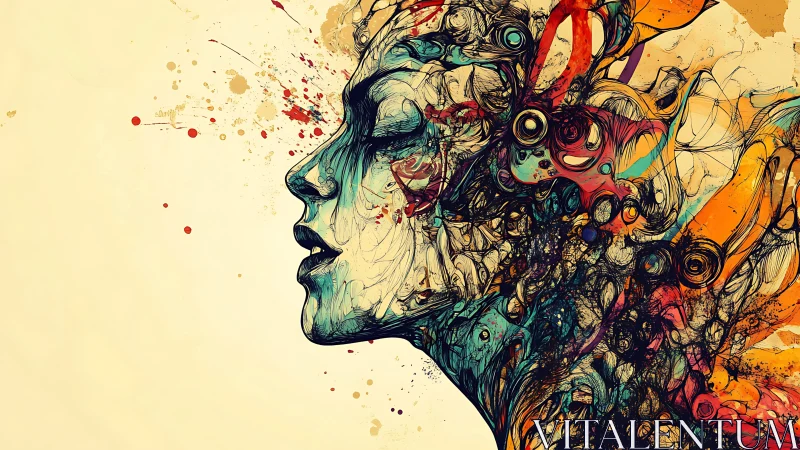 Surreal profile portrait erupts into vivid abstract chaos.
