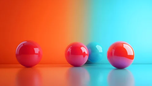 Chromatic spheres drifting between orange heat and cool blue.
