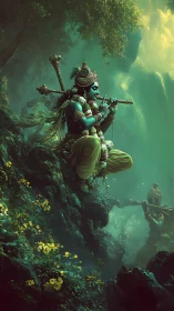Blue-skinned deity plays flute on cliffside above misty valley