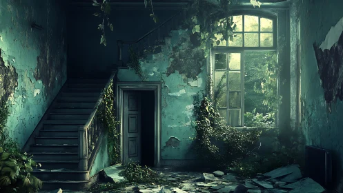 Verdant ghosts reclaim a forgotten turquoise stairwell.