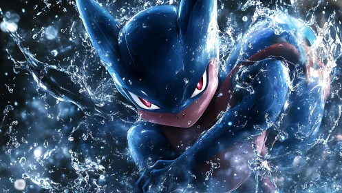 Dynamic water-splash action shot of amphibious warrior creature