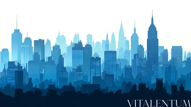 Layered blue city skyline with high-rise building silhouettes.