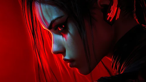 Cybernetic profile study with high contrast red edge lighting.