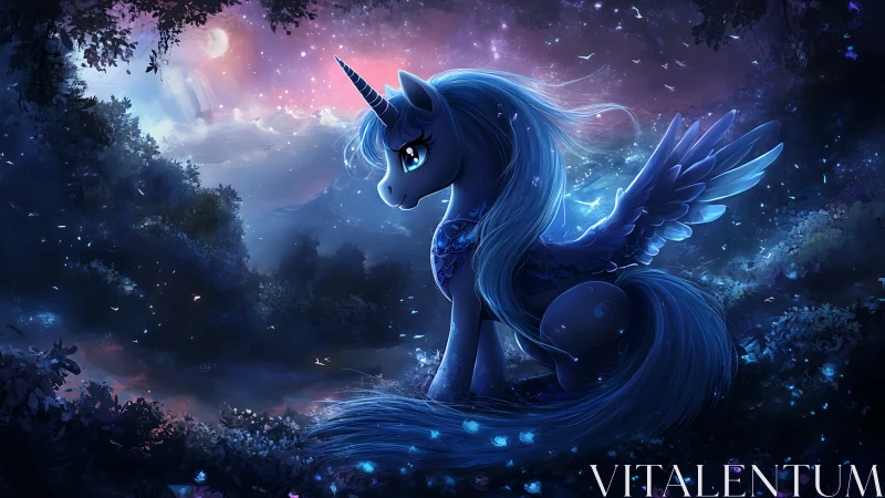 Bioluminescent winged unicorn in nocturnal fantasy forest