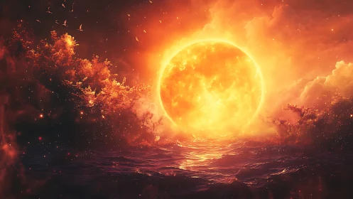 Molten sun descending over storm-lit cosmic ocean horizon.