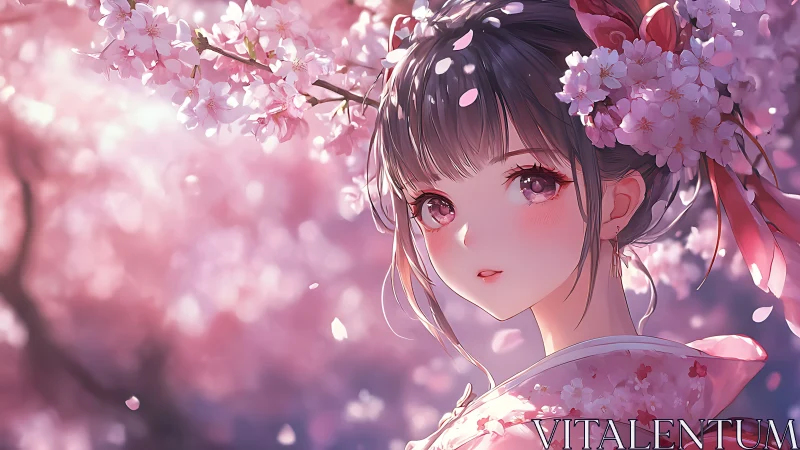 Anime girl in kimono stands under blooming cherry blossoms