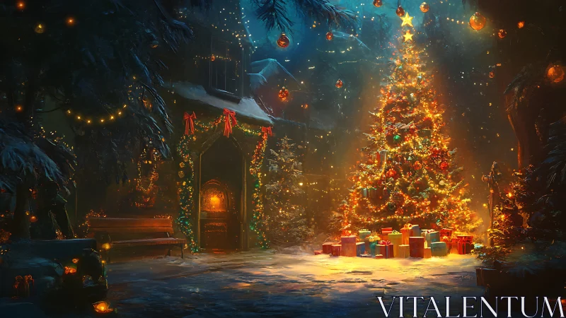 Snowy courtyard Christmas tree with glowing gifts at night.