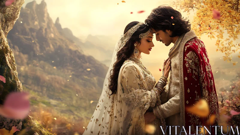 South Asian Wedding Couple in Period Attire Amid Mountain Landscape Setting