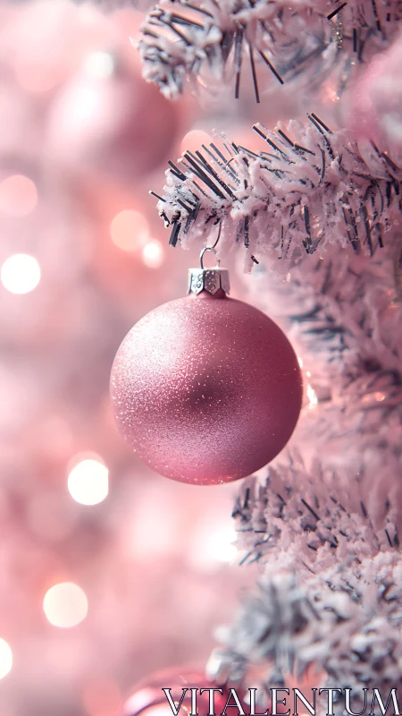 Soft pink Christmas ornament glowing on snowy branches.