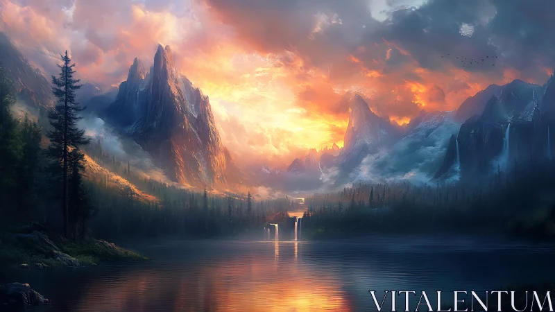 Mountain lake landscape under dramatic sunset sky.