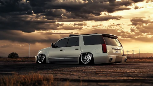 Ultra-low stanced white SUV wagon at sunset on rural asphalt