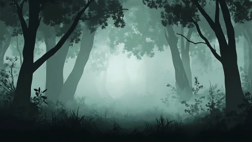 Misty Forest Pathway Through Ancient Trees.