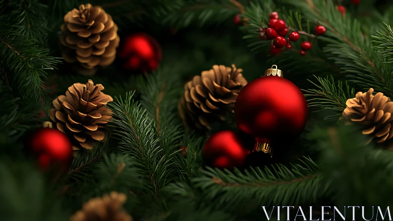 Crimson baubles hide in pine needles and golden cones glow.