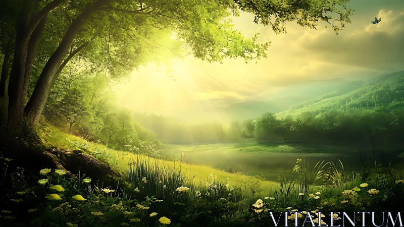 Sunlit forest glade surrounds misty reflective lakeshore.