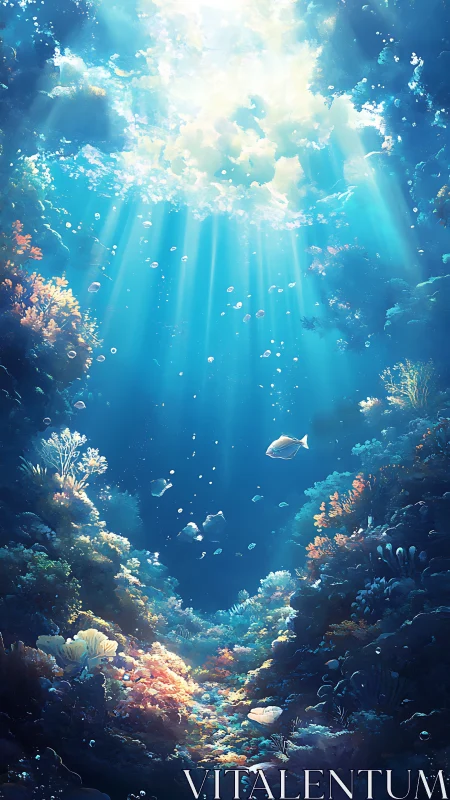 Sunlit coral canyon with streaming caustic rays underwater.