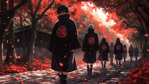 Scarlet leaves trail behind the silent cloaked procession