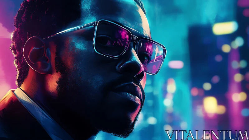 Neon city portrait shows reflective glasses and moody glare