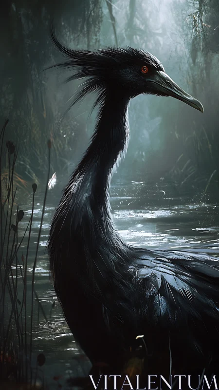 Black waterbird with crest in misty wetland environment.