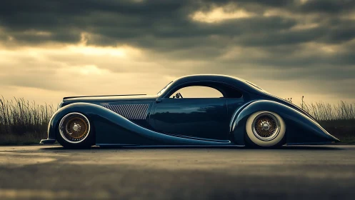 Midnight-blue custom coupe gliding beneath stormy skies.