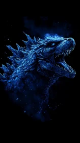 Glowing blue kaiju roars in a dramatic cosmic void.