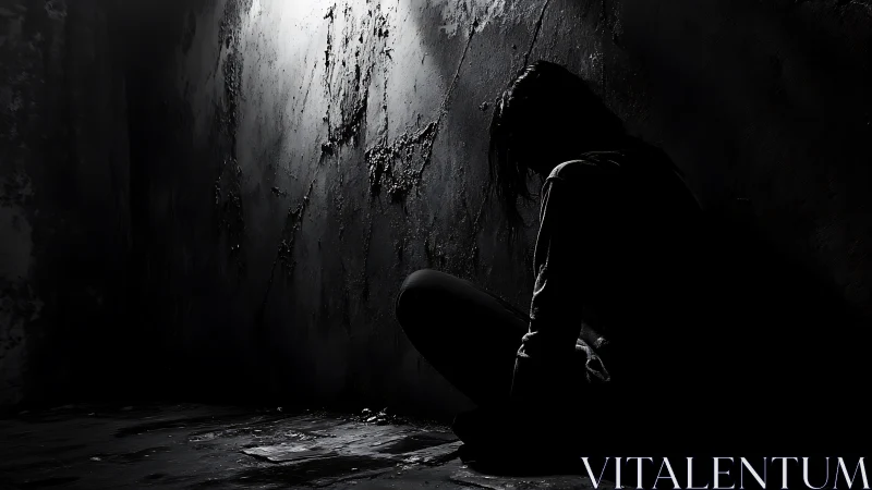 Low-key chiaroscuro study of isolated figure in decayed room.