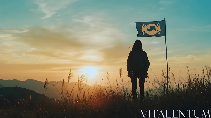 Silhouetted figure and emblematic flag observe a gradient sunset