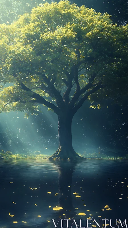 Luminous forest guardian tree mirrored on midnight water.