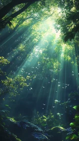 Sunlit forest canopy with ethereal beams of morning light.