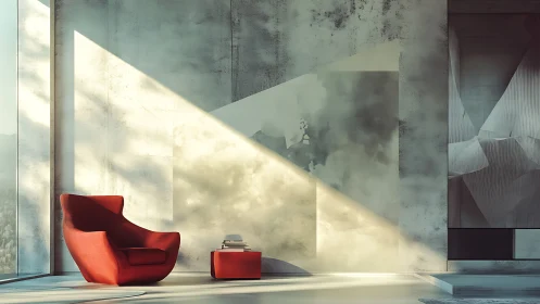 Scarlet Chair Contemplates Geometry Within Weathered Walls