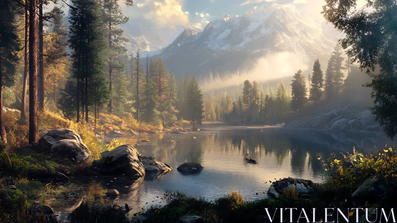 Quiet mountain morning beside a misty forest lake.