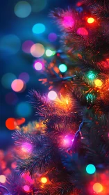 Shimmering Christmas tree lights against deep blue bokeh.